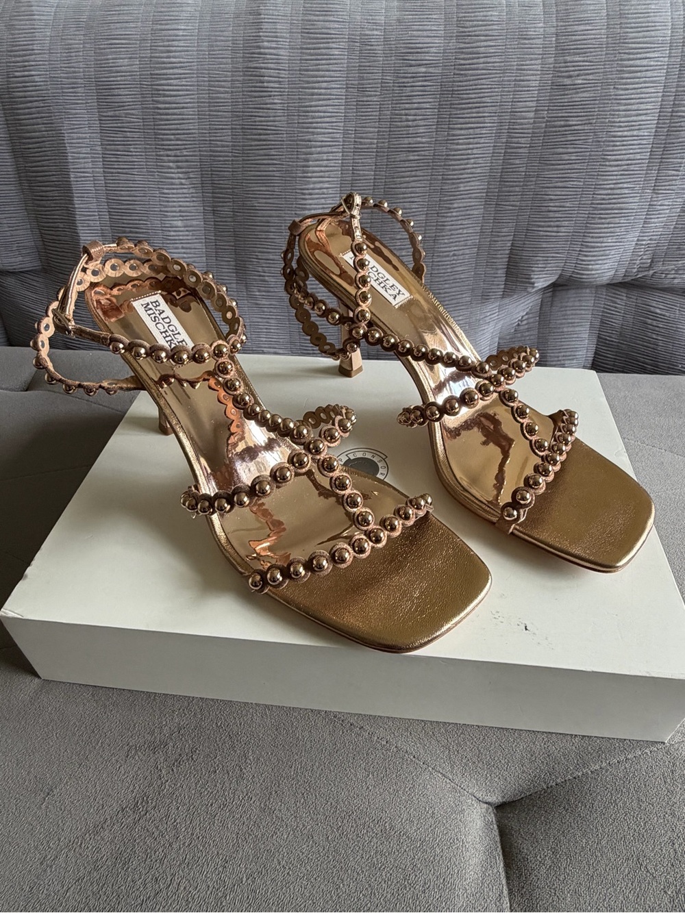 Badgley Mischka Metallic Rose Gold Beaded Strappy Heels